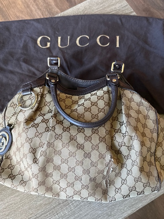Gucci Handbags - Gucci Beige GG Canvas Tote with Brown Leather Handles
